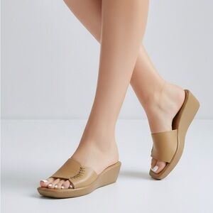 Nine West Squareforme Camel Leather Wedge Slide Sandals Square Toe 6.5M